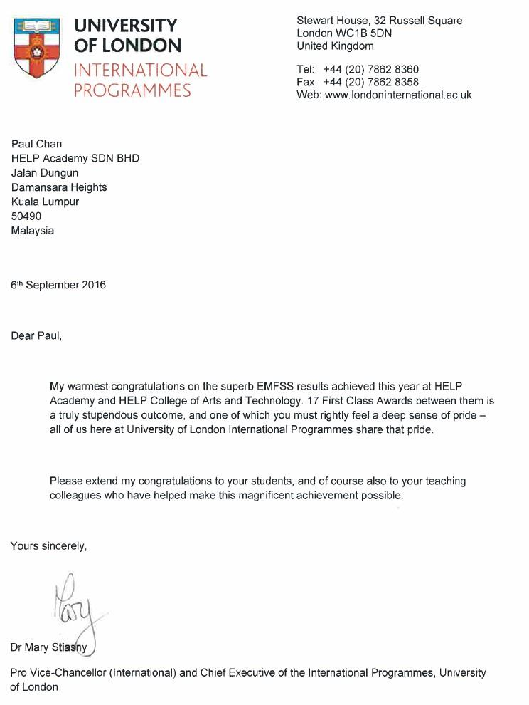 伦敦大学表扬函：致函祝贺精英培养出17位一等荣誉学士的毕业生