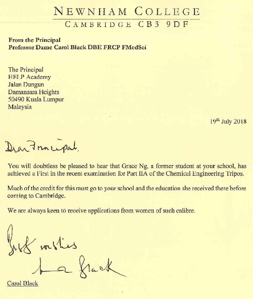 剑桥大学表扬函：精英表扬两名学生学习表现优秀