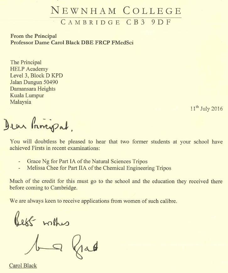 剑桥大学表扬函：两名学生学习表现优秀