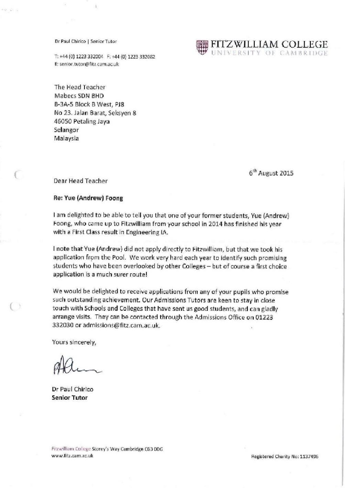 剑桥大学表扬函：工程学一等荣誉学位